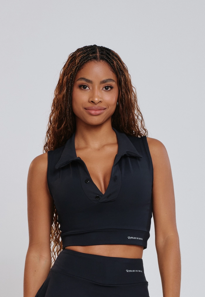 TOP PRIME COM GOLA DE RIBANA E BOTÃO POLIAMIDA PRETO TOP PRIME COM GOLA DE RIBANA E BOTÃO POLIAMIDA PRETO