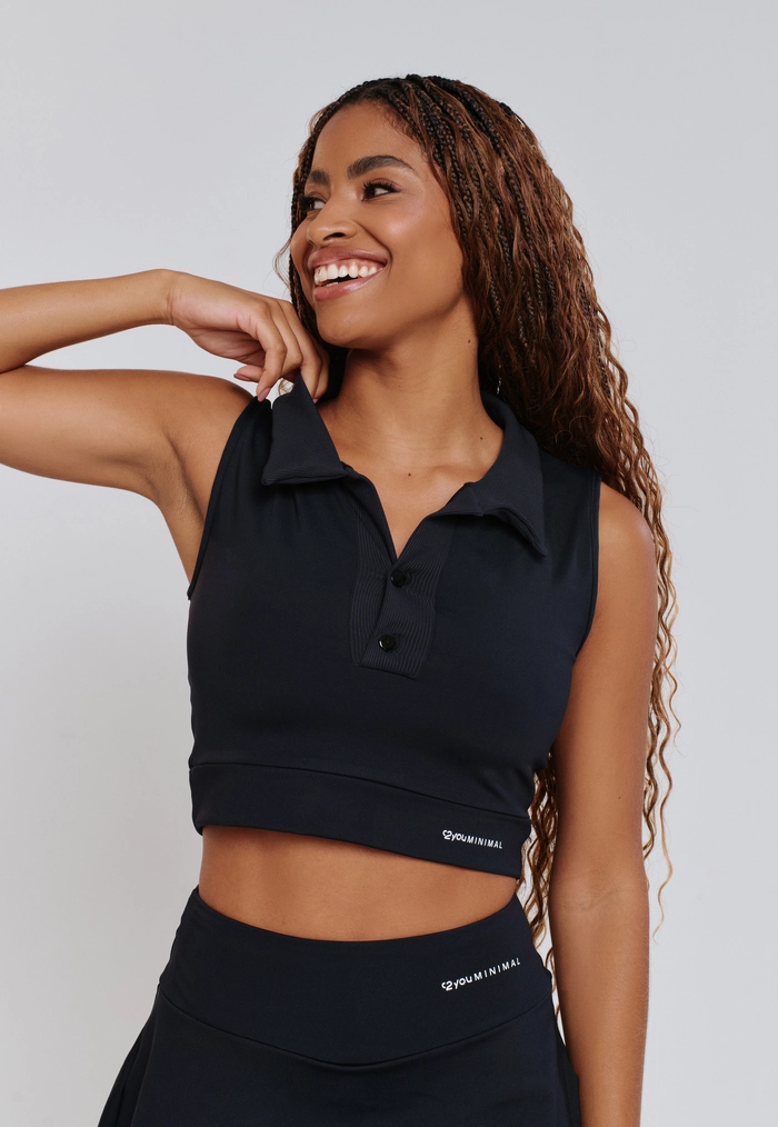 TOP PRIME COM GOLA DE RIBANA E BOTÃO POLIAMIDA PRETO TOP PRIME COM GOLA DE RIBANA E BOTÃO POLIAMIDA PRETO