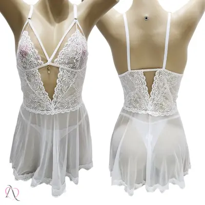 Camisola com Calcinha Fio Duplo Sem Bojo em Tule Transparente Cor Branco - 1175