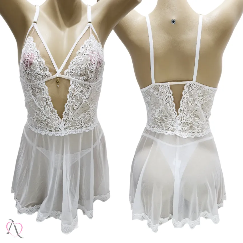 Camisola em Tule Transparente com Calcinha cor Branco - 1175