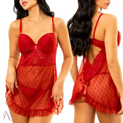 Camisola com Calcinha Fio Duplo e Bojo em Tule Transparente com Corações cor Vermelho - 1086