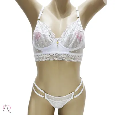 Conjunto de Lingerie Sem Bojo com Calcinha em Tule e Renda cor Branco - 1118