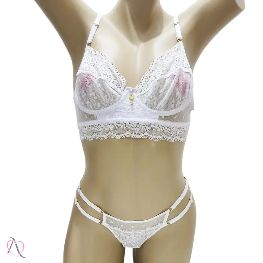 Conjunto de Lingerie Sem Bojo com Calcinha em Tule e Renda cor Branco - 1118