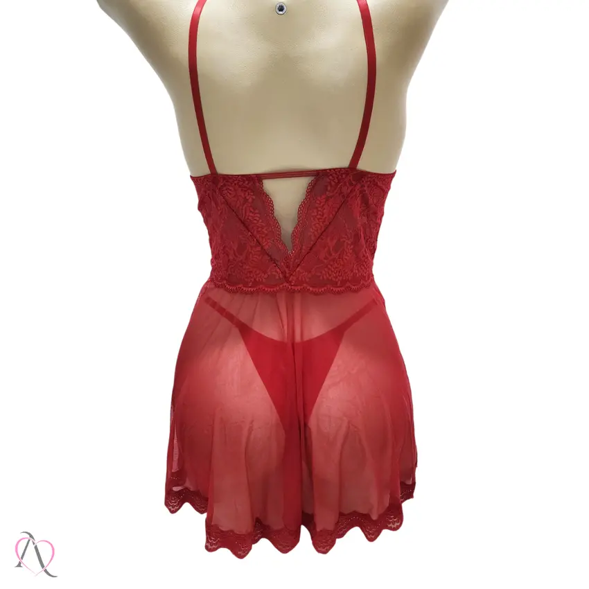Camisola com Calcinha Fio Duplo Sem Bojo em Tule Transparente Cor Vermelho - 1175