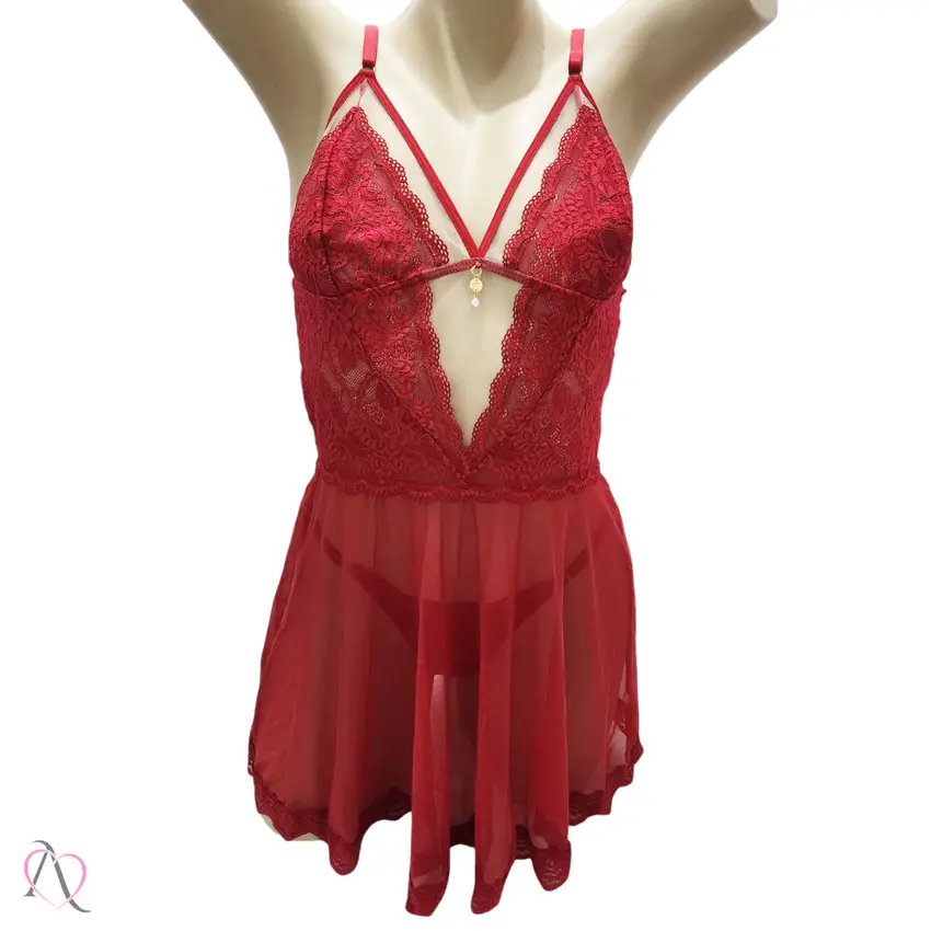 Camisola com Calcinha Fio Duplo Sem Bojo em Tule Transparente Cor Vermelho - 1175