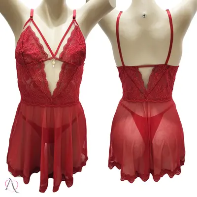 Camisola com Calcinha Fio Duplo Sem Bojo em Tule Transparente Cor Vermelho - 1175