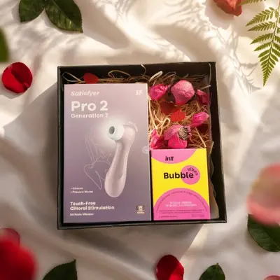Kit Satisfação com Caixa Presenteável - 1 Sugador Satisfyer, 1 Excitante e Lubrificante Bubble Vibes e Ganhe 2 Trufas