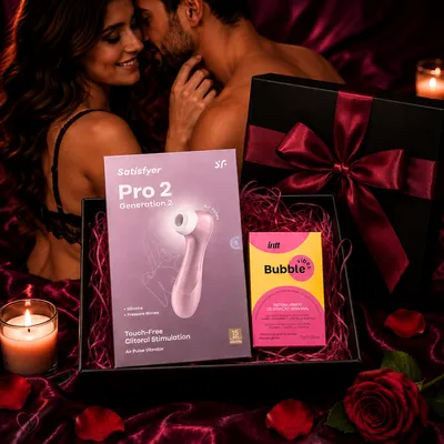 Kit Satisfação com Caixa Presenteável - 1 Sugador Satisfyer, 1 Excitante e Lubrificante Bubble Vibes e Ganhe 2 Trufas da Cacau Show