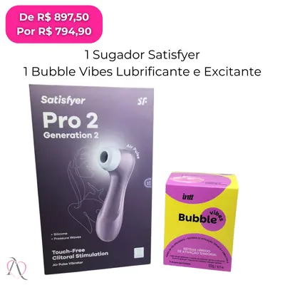 Kit Satisfação com Caixa Presenteável - 1 Sugador Satisfyer, 1 Excitante e Lubrificante Bubble Vibes e Ganhe 2 Trufas da Cacau Show