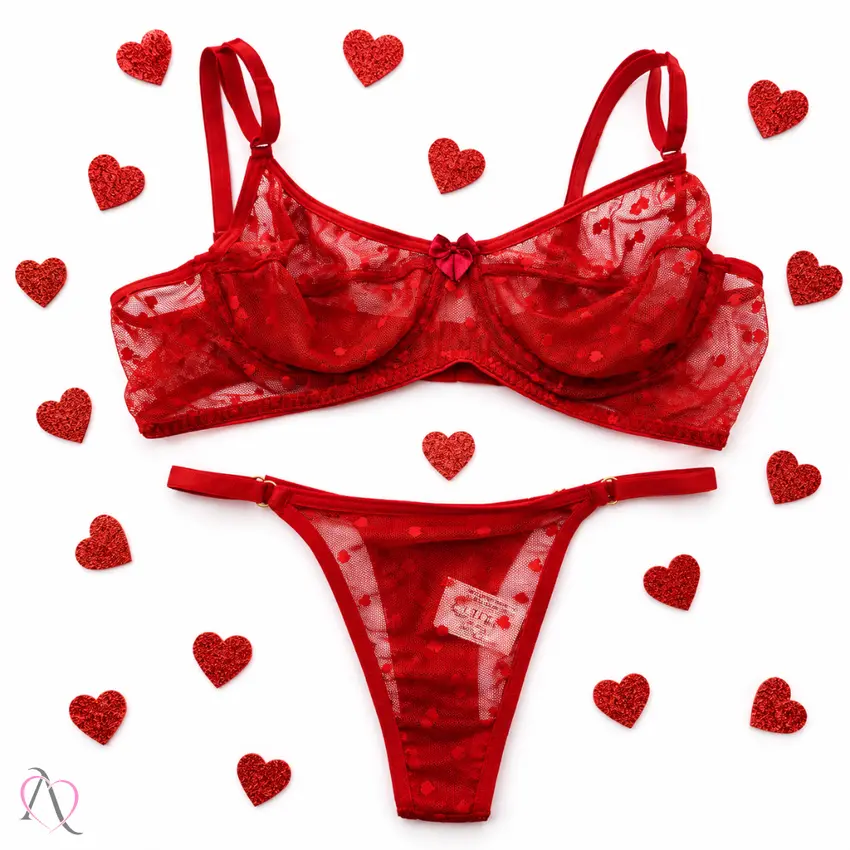 Conjunto de Lingerie em Tule de Corações Sem Bojo Cor Vermelho - 1097
