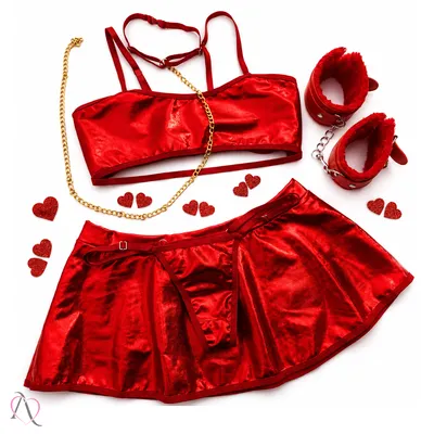 Kit Vermelho do Amor - 1 Conjunto de Lingerie Y7127 Tamanho M, 1 Algema Vermelha e 1 Venda Tapa Olho