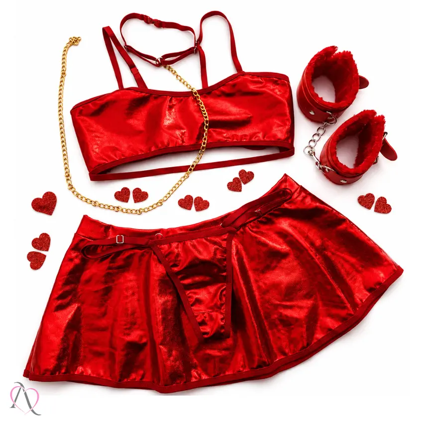 Kit Vermelho do Amor - 1 Conjunto de Lingerie Y7127 Tamanho M, 1 Algema Vermelha e 1 Venda Tapa Olho