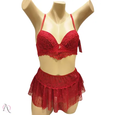 Conjunto de Lingerie em Tule de Corações com Mini Saia cor Vermelho - 1032