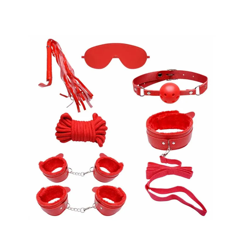 Kit Sado Bondage com 7 Itens Revestido em Pelúcia cor Vermelho