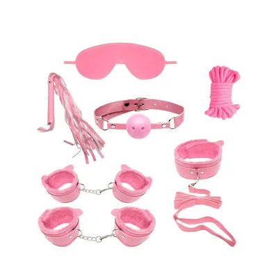 Kit Sado Bondage com 7 Itens Revestido em Pelúcia cor Rosa