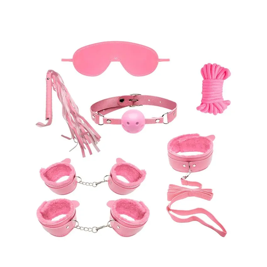 Kit Sado Bondage com 7 Itens Revestido em Pelúcia cor Rosa
