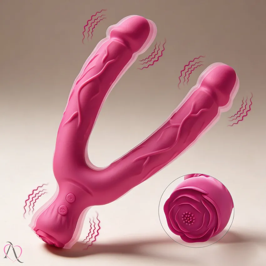 Vibrador Duplo Para Casal ou Dupla Penetração com Estimulador de Clitóris 10 Modos de Vibração