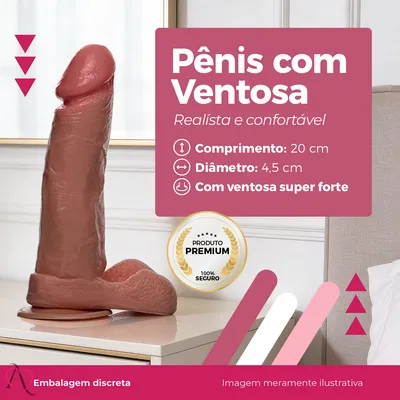 Prótese de Pênis 20x4,5cm cor Marrom com Ventosa e Escroto - ADAO32M