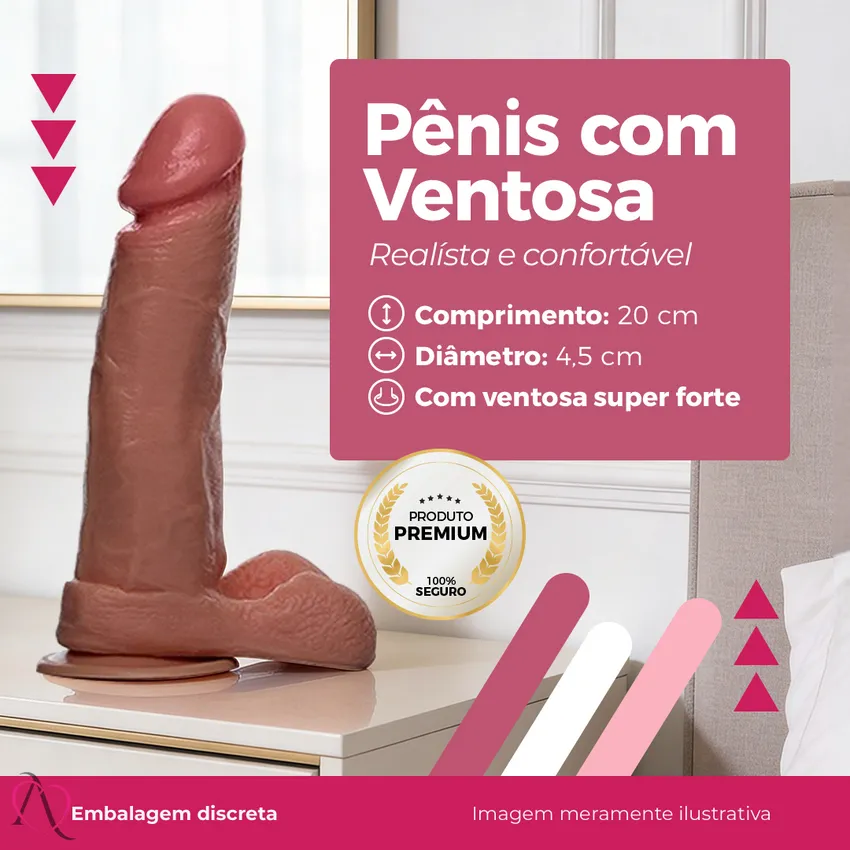 Prótese de Pênis 20x4,5cm cor Marrom com Ventosa e Escroto - ADAO32M