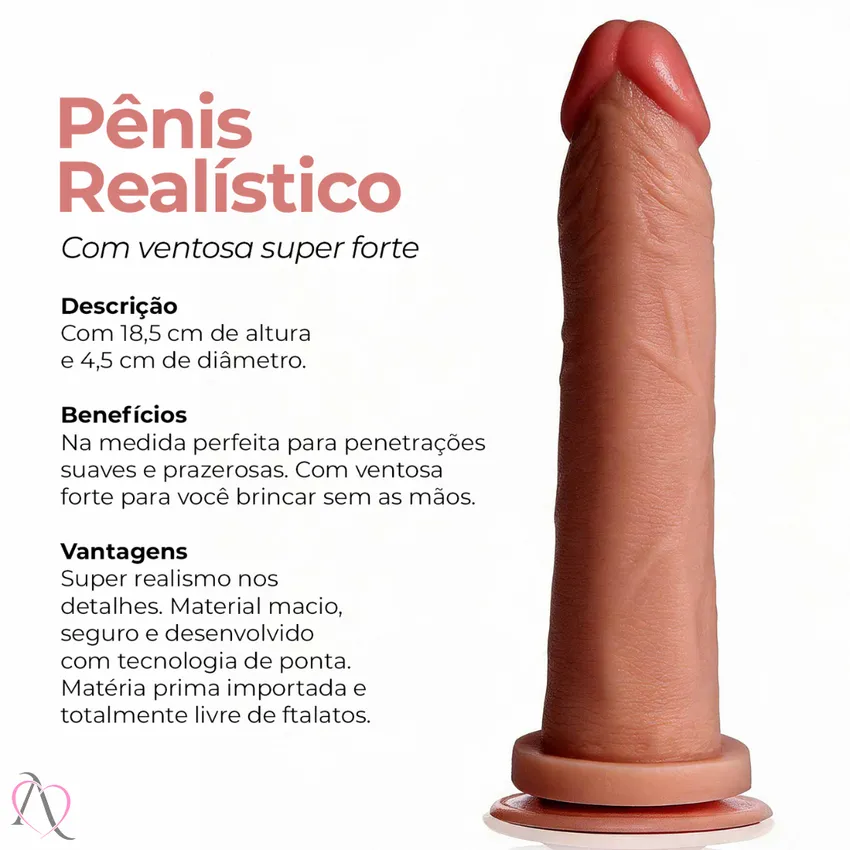 Prótese de Pênis 18,5x4,5cm cor Marrom com Ventosa - ADAO24M