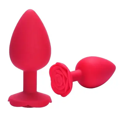 Plug Anal Médio Em Silicone Formato De Rosa Tamanho M 8,5x3,5cm
