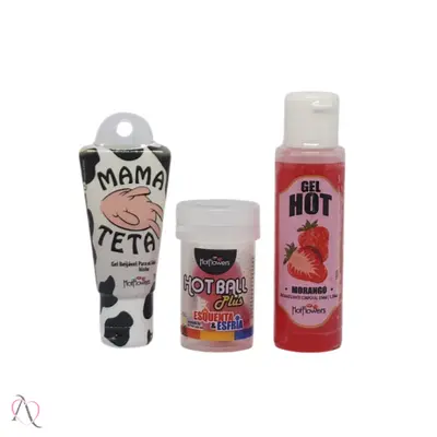 Kit Sensações Gel Beijável Mama Teta, Hot de Morango e Hot Ball Esquenta e Esfria