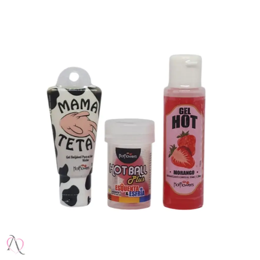 Kit Para Sexo Oral Gel Beijável Mama Teta, Hot de Morango e Hot Ball Esquenta e Esfria