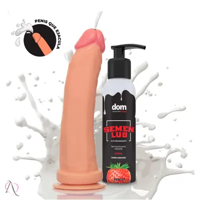 Prótese de Pênis que Ejacula 18,5x4,5cm e Lubrificante Beijável Semen Lub Morango 100ml
