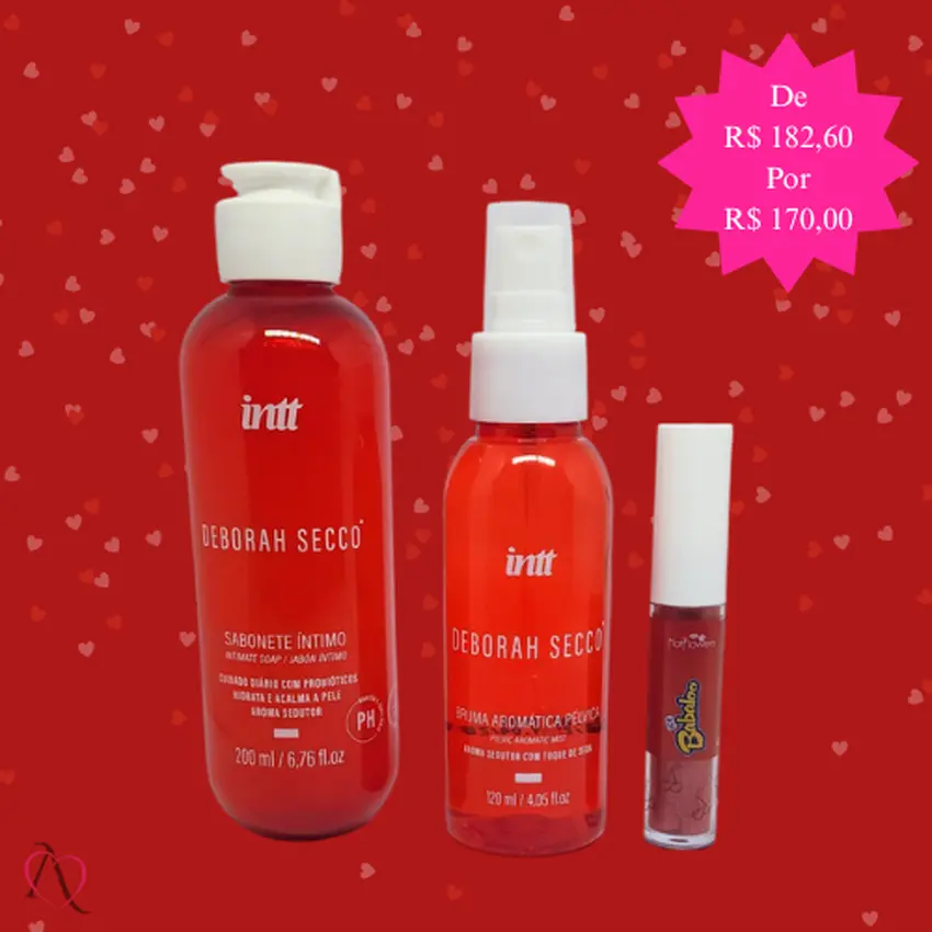 Kit Autocuidado - 1 Sabonete Íntimo, 1 Bruma Pélvica Aromática e 1 Gloss de Cereja