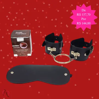 Kit Novas Experiências - 1 Vela Beijável de Chocolate, 1 Algema de Couro e 1 Venda Tapa Olho