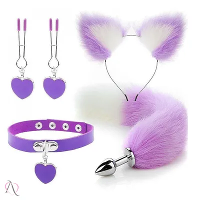 Kit Plug anal Pequeno com Rabo, Tiara, Grampo de mamilo e coleira