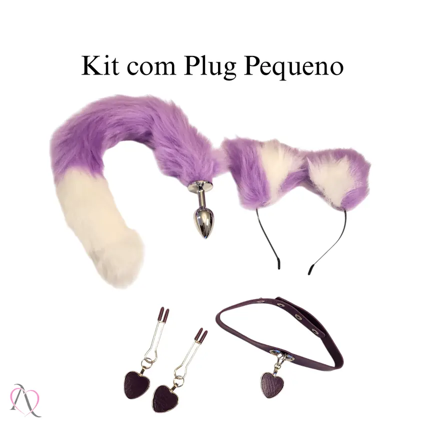 Plug anal Pequeno com Rabo Kit Com Tiara, Grampo de mamilo e coleira