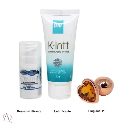 Kit Iniciante Anal Sem Dor com Plug P - 1 Dessensibilizante Cliv Intt, 1 Lubrificante Neutro K-Intt e 1 Plug Anal Pequeno