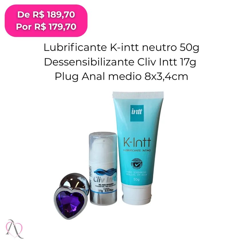 Kit Anal Sem Dor Com Plug - 1 Dessensibilizante Cliv Intt, 1 Lubrificante K-intt e 1 Plug Anal M