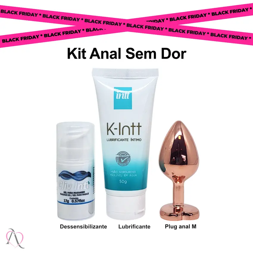 Kit Anal Sem Dor Com Plug - 1 Dessensibilizante Cliv Intt, 1 Lubrificante K-intt e 1 Plug Anal M
