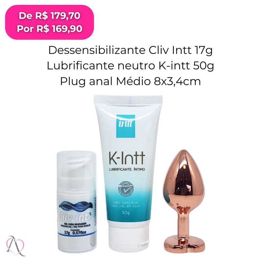 Kit Anal Sem Dor Com Plug - 1 Dessensibilizante Cliv Intt, 1 Lubrificante K-intt e 1 Plug Anal M