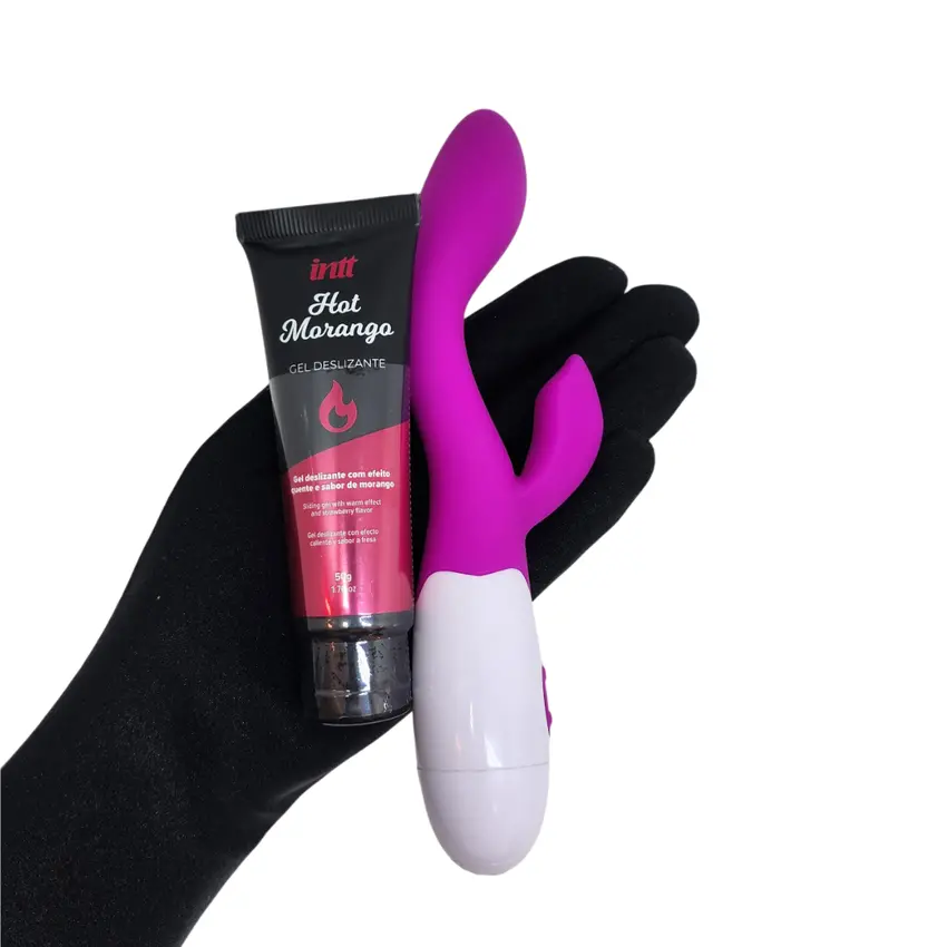Kit Casal Iniciante - 1 Vibrador Penetrável Brighty à pilha e 1 Lubrificante Beijável Sabor Morango que Esquenta 50g