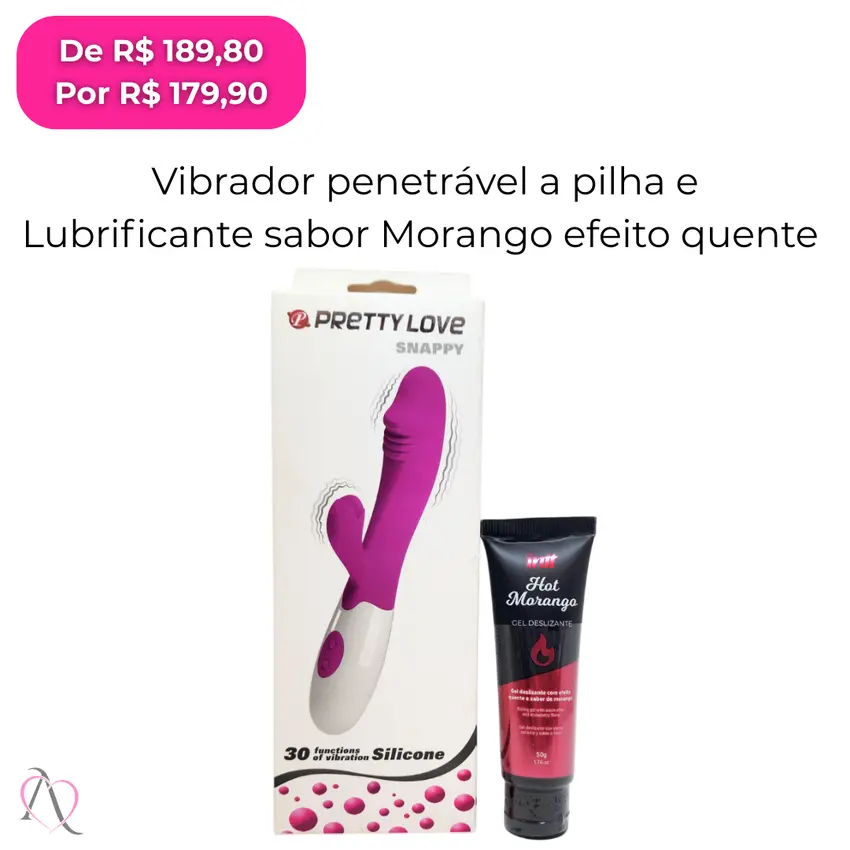 Kit Casal Iniciante 2 - 1 Vibrador Penetrável Snappy à pilha e 1 Lubrificante Beijável Sabor Morango que Esquenta 50g