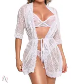 Lingerie Conjunto em Renda com Sutiã, Calcinha e Robe Cor Branco Tamanho M Y7146 - imagem 2