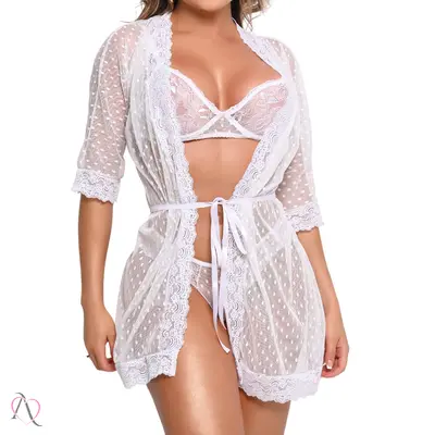 Lingerie Conjunto em Renda com Sutiã, Calcinha e Robe Cor Branco Tamanho M Y7146