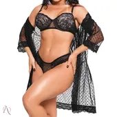 Lingerie Conjunto em Renda com Sutiã, Calcinha e Robe Cor Preto Tamanho G Y7146 - imagem 1