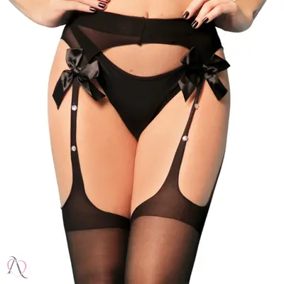 Meia Calça com Cinta Liga com Detalhes em Strass Cor Preto Tamanho Único - Y2027