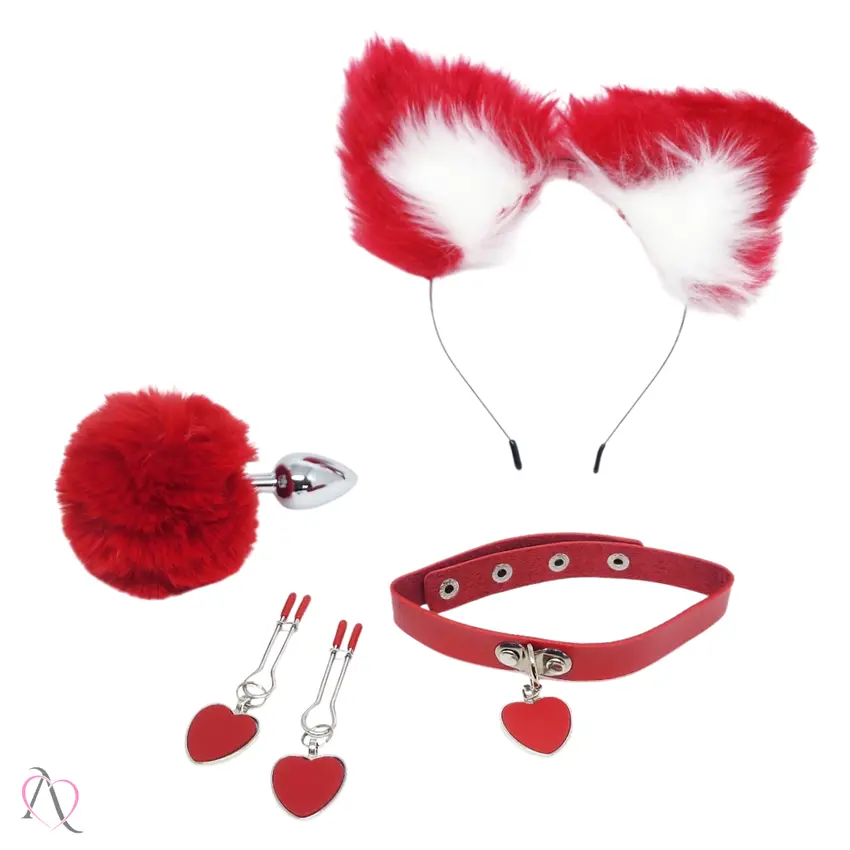 Kit Plug Anal P com Pompom, Grampo de mamilo, Gargantilha e Tiara cor Vermelho