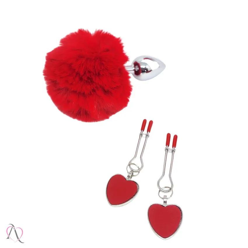 Kit Plug Anal P com Pompom, Grampo de mamilo, Gargantilha e Tiara cor Vermelho