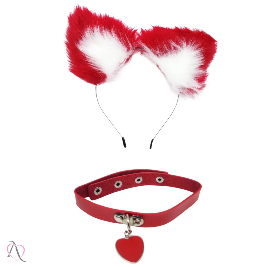 Kit Plug Anal P com Pompom, Grampo de mamilo, Gargantilha e Tiara cor Vermelho