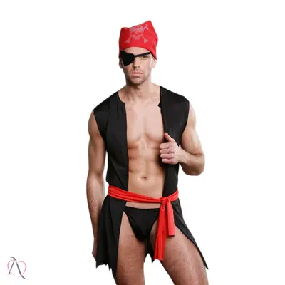 Fantasia Masculina Pirata Com Cueca Fio Dental, Bandana, Colete com faixa e Tapa Olho - Tamanho Único
