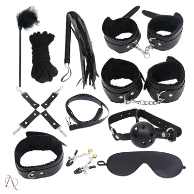 Kit Sado Bondage Preto com Pelúcia 11 Itens