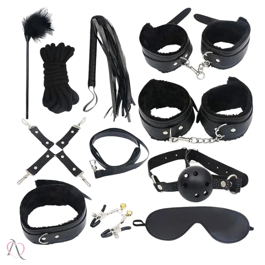 Kit Sado Bondage Preto com Pelúcia 11 Itens