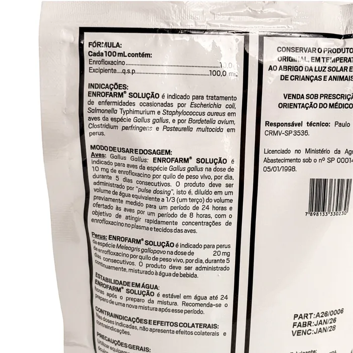 Enrofarm Solução 500ml Enrofloxacino Aves | Farmabase