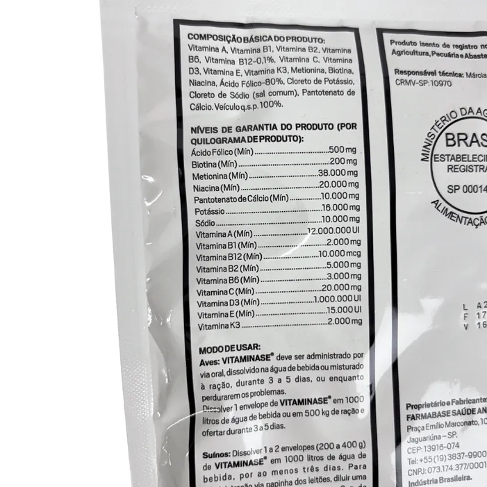 Vitaminase 200g Suplemento Vitamínico Aves e Suínos
